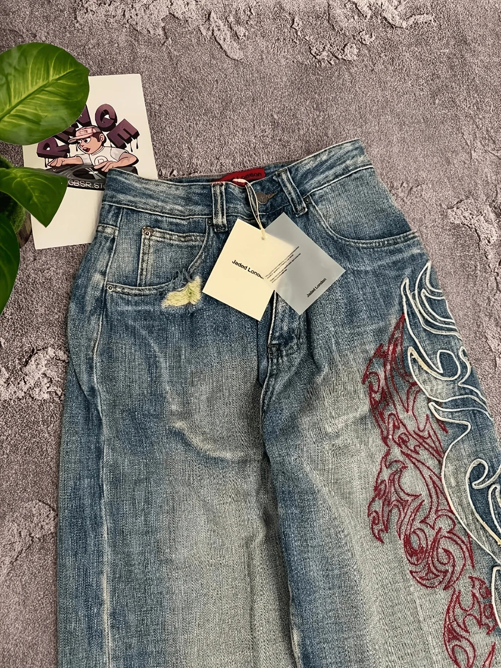 Loose Fit Wide Leg Jeans Tribal Flame Embroidery Vintage Washed Denim Pants Streetwear Daily Wear for Men product image 3,