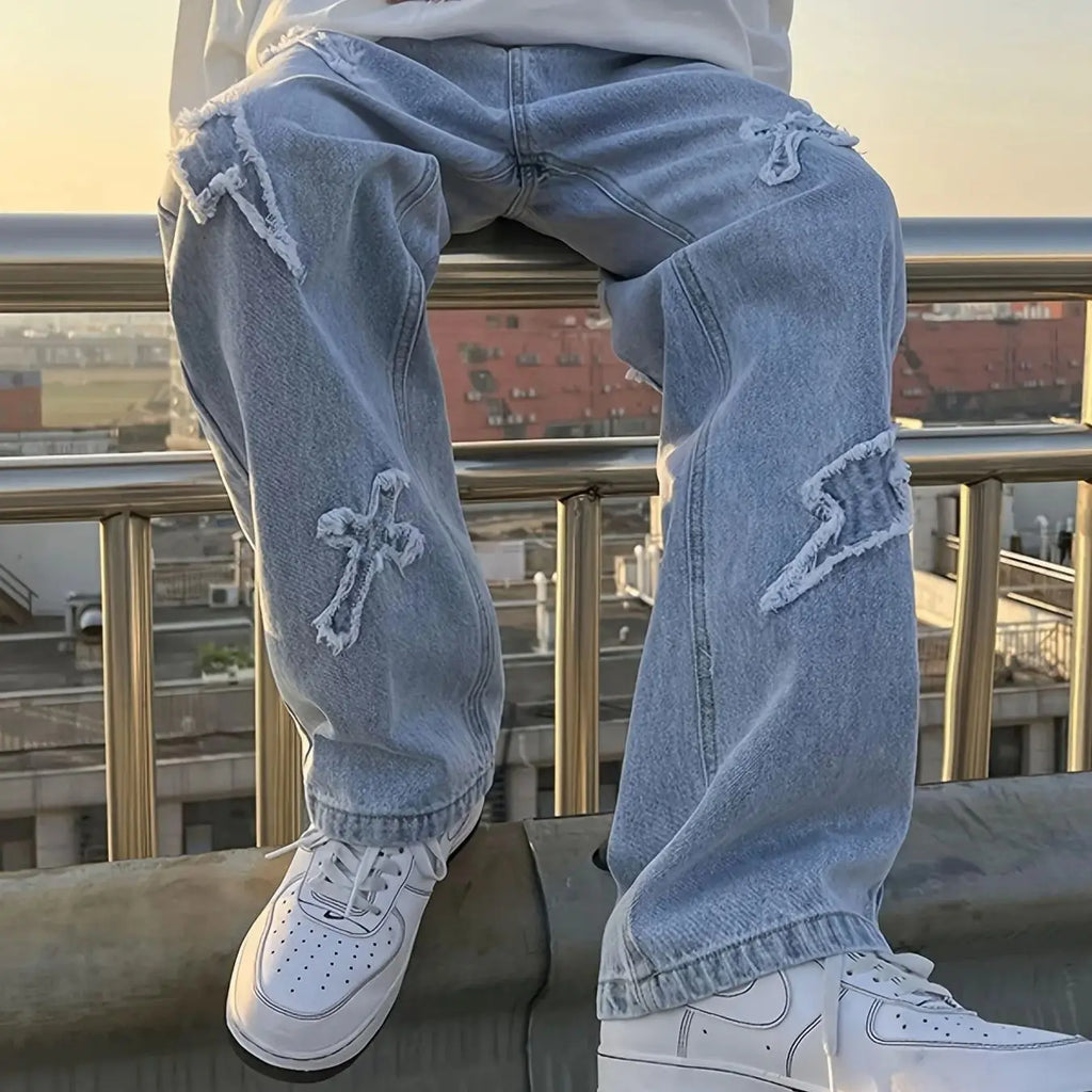 jeans patch lightning jeans Men loose jeans worn-out jeans for Men product image 2, provided for visual reference and