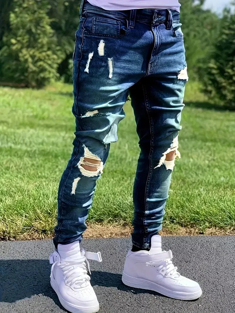 Distressed Fashion Jeans - Street Style, Comfortable Stretch Denim with Ripped Detail, Versatile for All Seasons, Everyday
