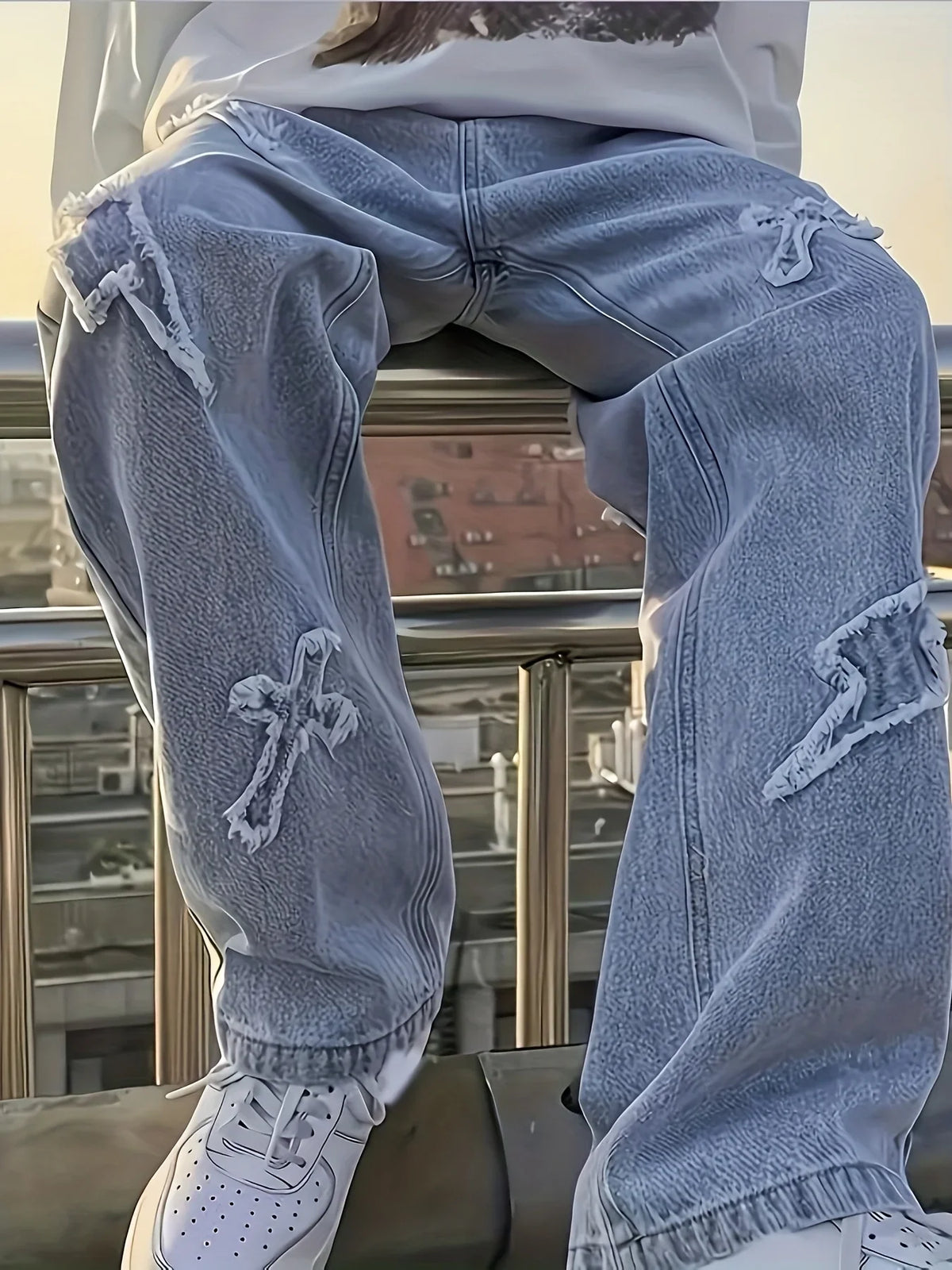 jeans patch lightning jeans Men loose jeans worn-out jeans for Men product image 4, provided for visual reference and