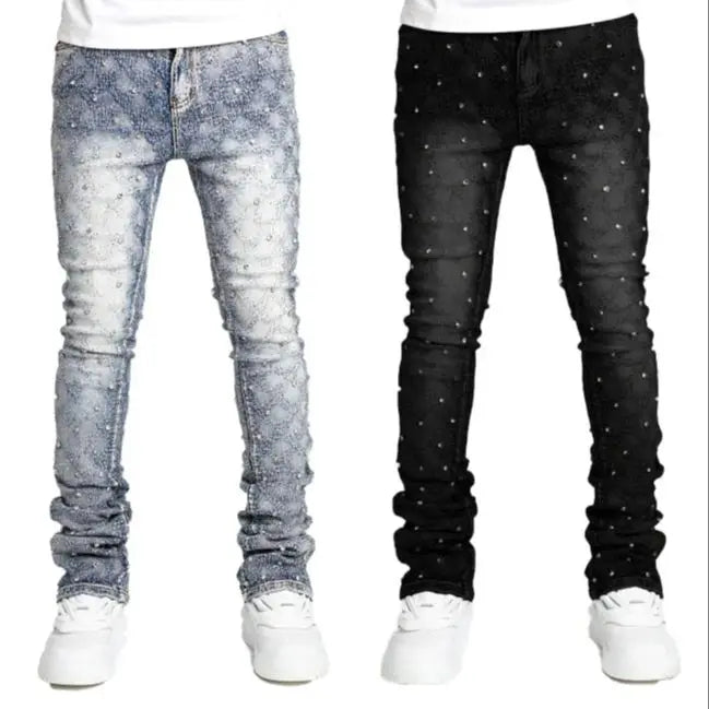 denim fashion personality straight leg Men pants European and American fashion Instagram hot item elastic pearl denim la for
