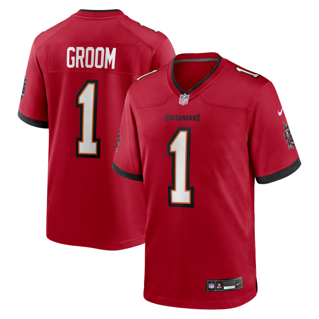 Tampa Bay Buccaneers Number 1 Groom Nike Red Game Jersey product image 1, provided for visual reference and product detail