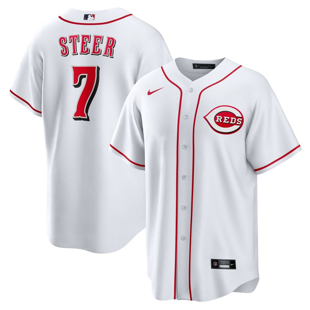 Cincinnati Reds Spencer Steer Nike White Home Replica Jersey product image 1, provided for visual reference and product