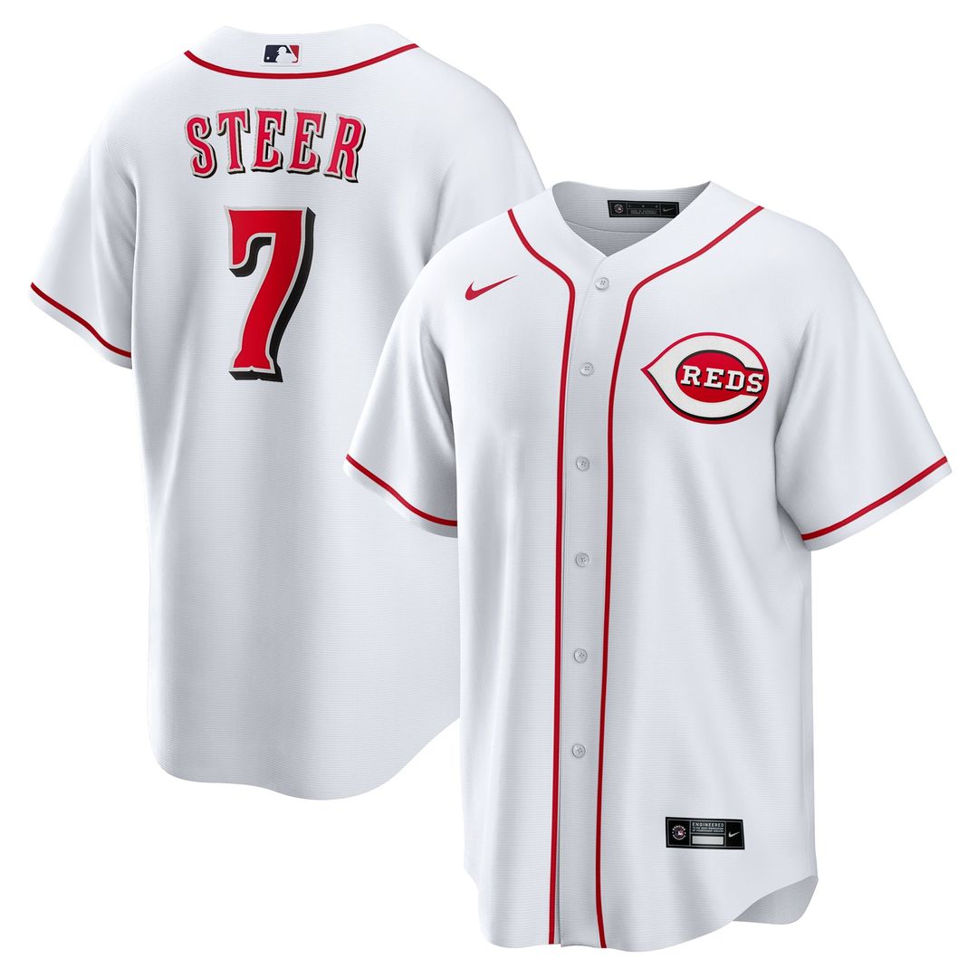Cincinnati Reds Spencer Steer Nike White Home Replica Jersey product image 1, provided for visual reference and product