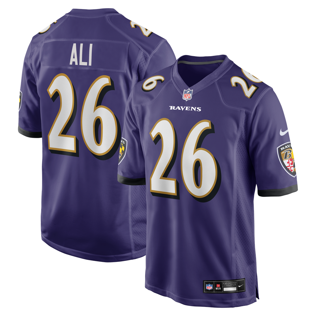 Baltimore Ravens Rasheen Ali Nike Purple Team Game Jersey product image 1, provided for visual reference and product detail