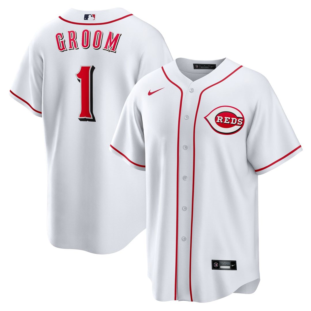 Cincinnati Reds Nike White #1 Groom Home Replica Jersey product image 1, provided for visual reference and product detail