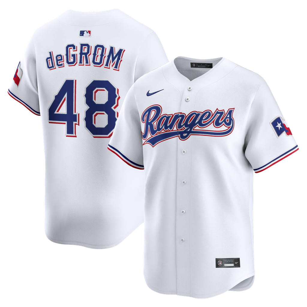Texas Rangers Jacob deGrom Nike White Home Limited Jersey product image 1, provided for visual reference and product detail