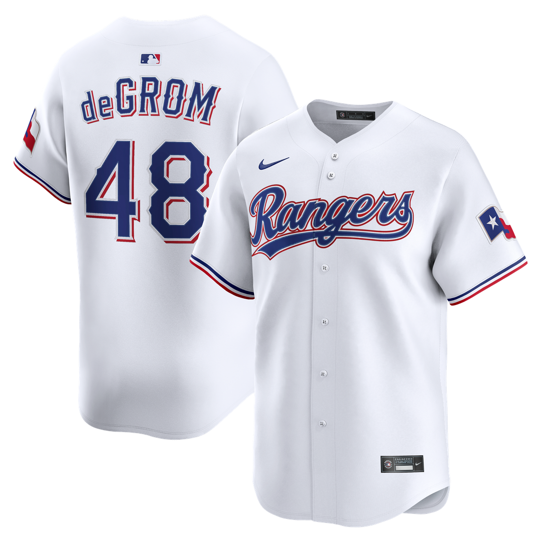 Texas Rangers Jacob deGrom Nike White Home Limited Jersey product image 1, provided for visual reference and product detail
