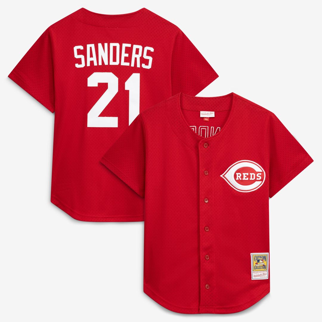 Cincinnati Reds Deion Sanders Mitchell & Ness Red Cooperstown Mesh Batting Practice Button-Up Jersey product image 1,
