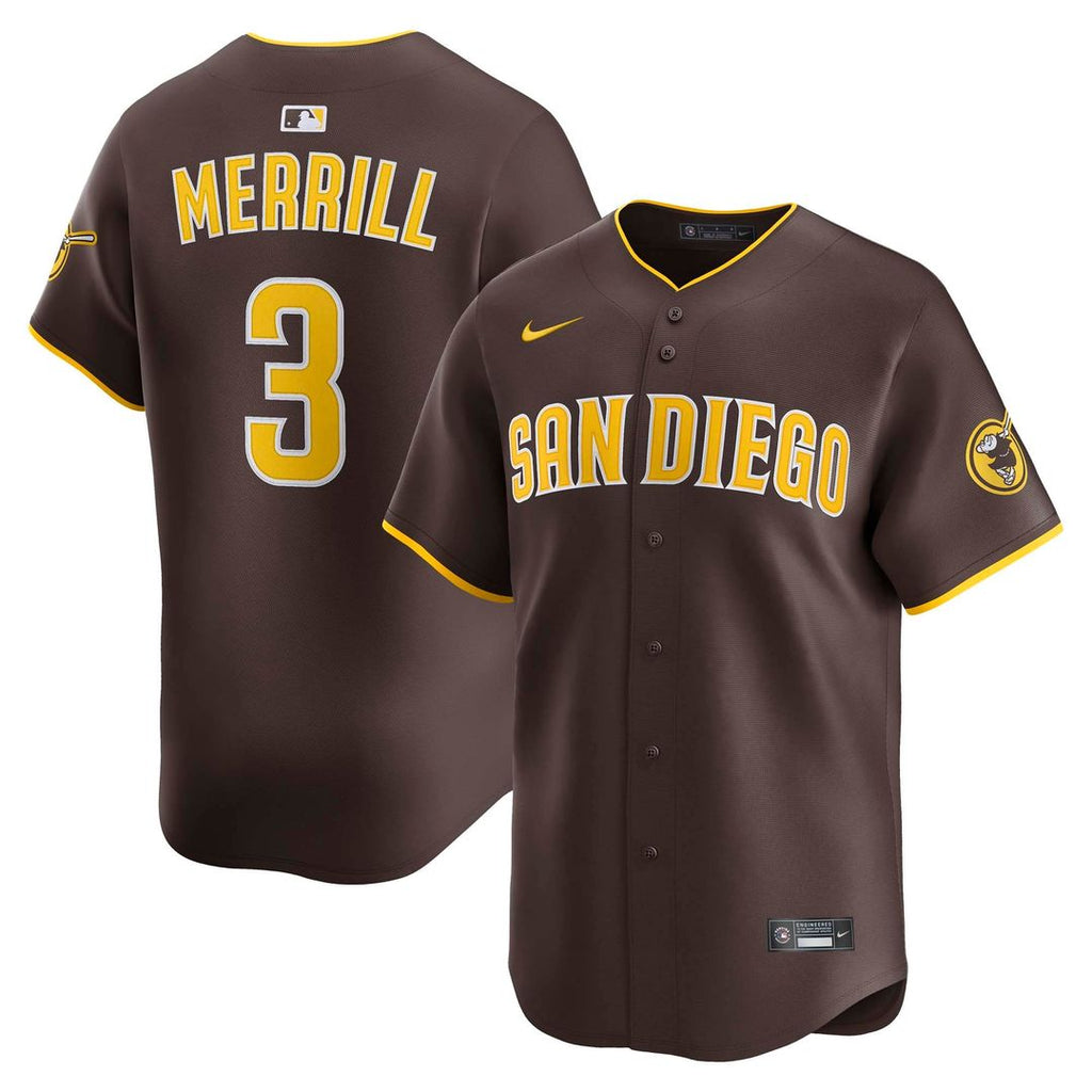 San Diego Padres Jackson Merrill Nike Brown Road Limited Player Jersey product image 4, provided for visual reference and