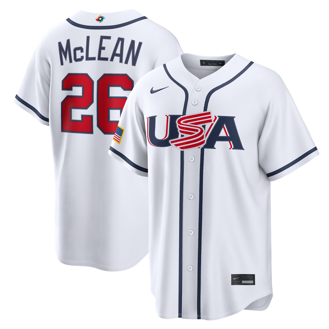 USA Baseball Nolan McLean Nike White 2026 World Baseball Classic Home Stadium Jersey product image 1, provided for visual