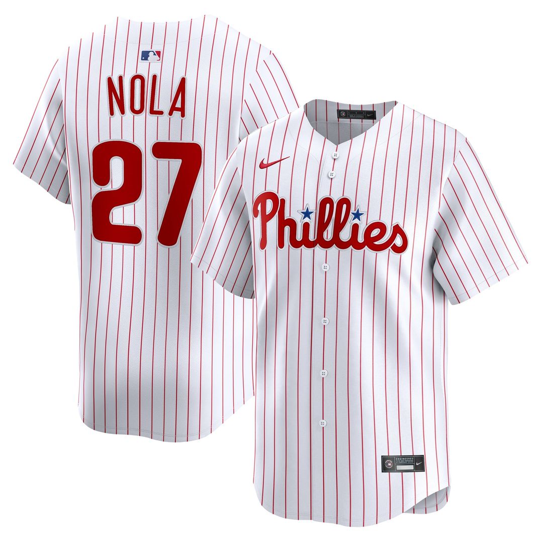 Philadelphia Phillies Aaron Nola Nike White Home Limited Player Jersey product image 1, provided for visual reference and