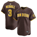 San Diego Padres Jackson Merrill Nike Brown Road Limited Player Jersey product image 1, provided for visual reference and