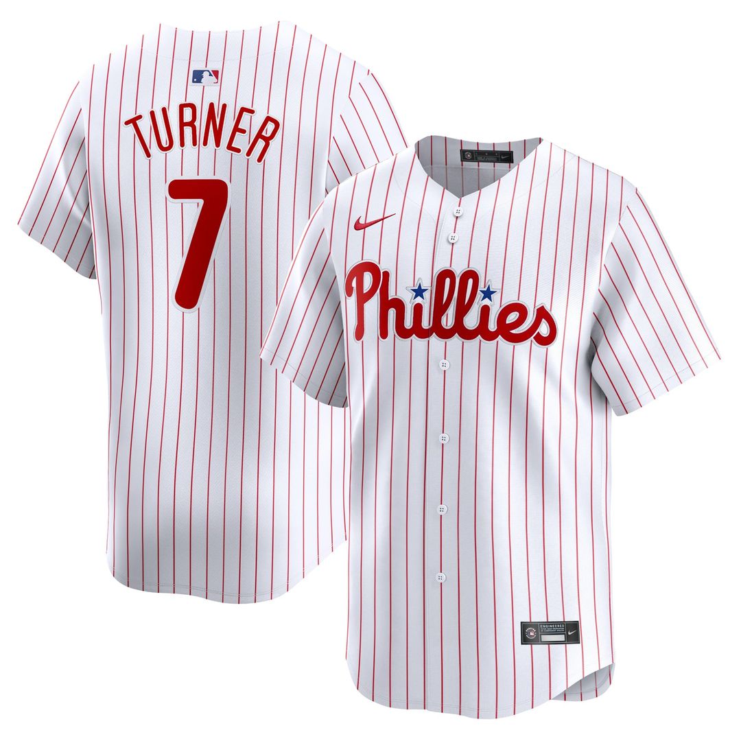 Philadelphia Phillies Trea Turner Nike White Home Limited Player Jersey product image 1, provided for visual reference and
