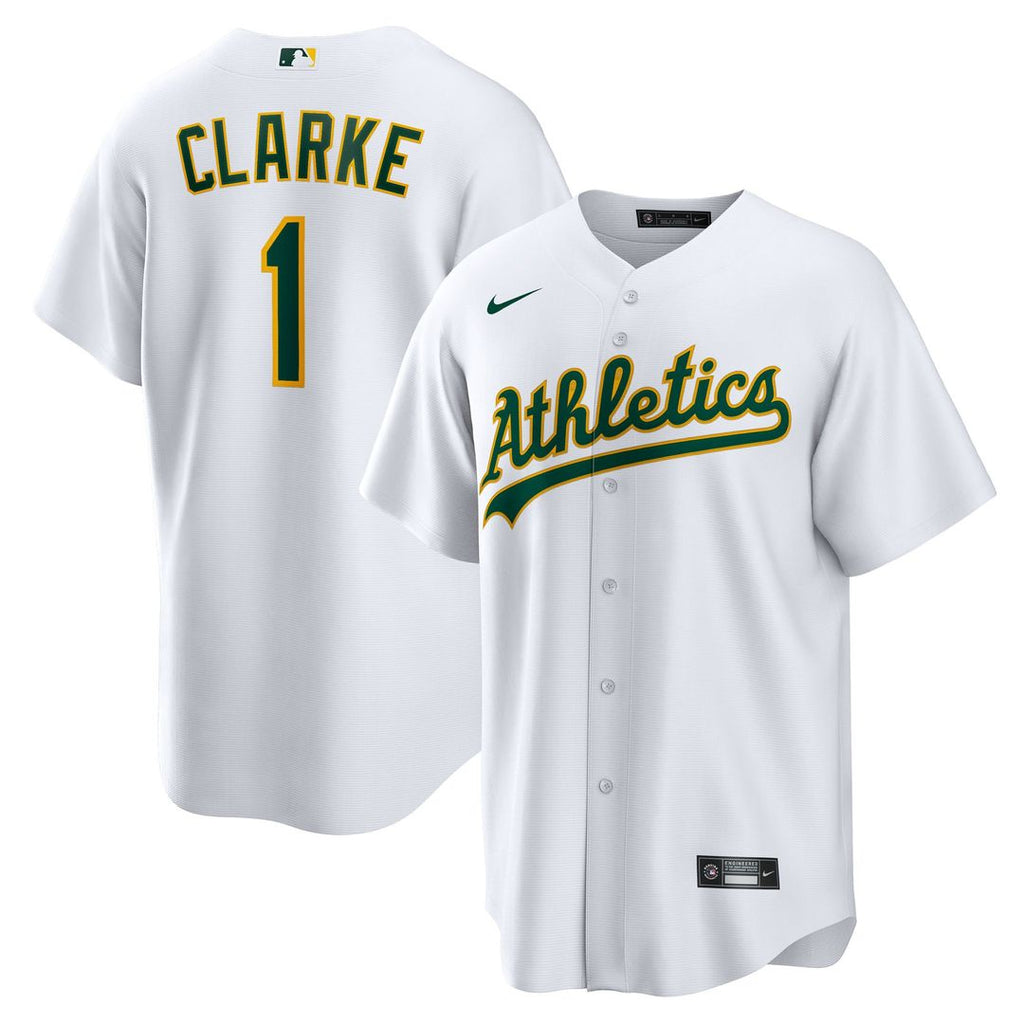 Athletics Denzel Clarke Nike White Home Replica Jersey product image 1, provided for visual reference and product detail