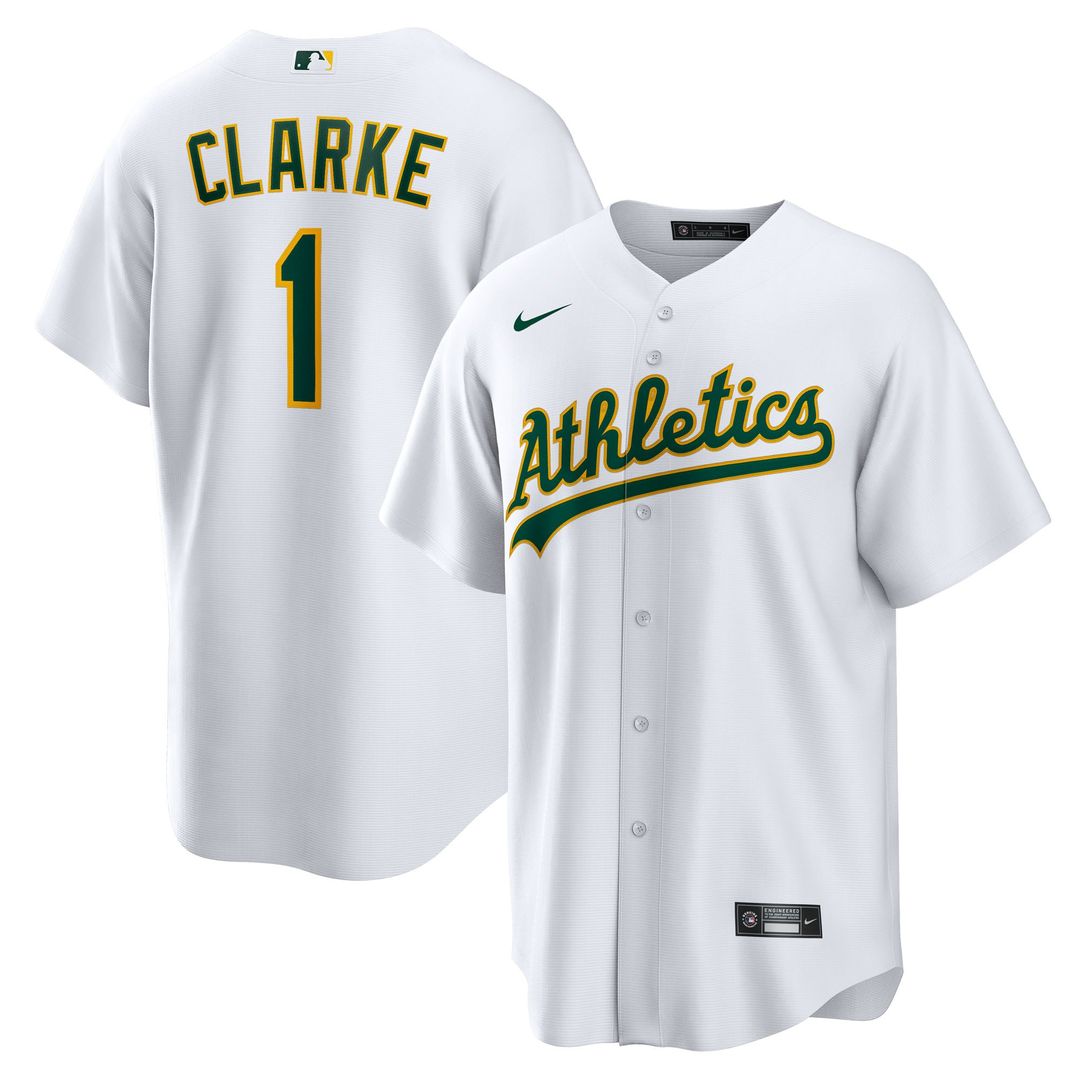 Athletics Denzel Clarke Nike White Home Replica Jersey product image 1, provided for visual reference and product detail