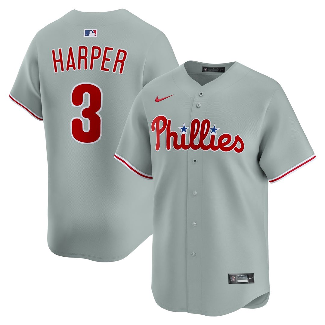 Philadelphia Phillies Bryce Harper Nike Gray Road Limited Player Jersey product image 1, provided for visual reference and