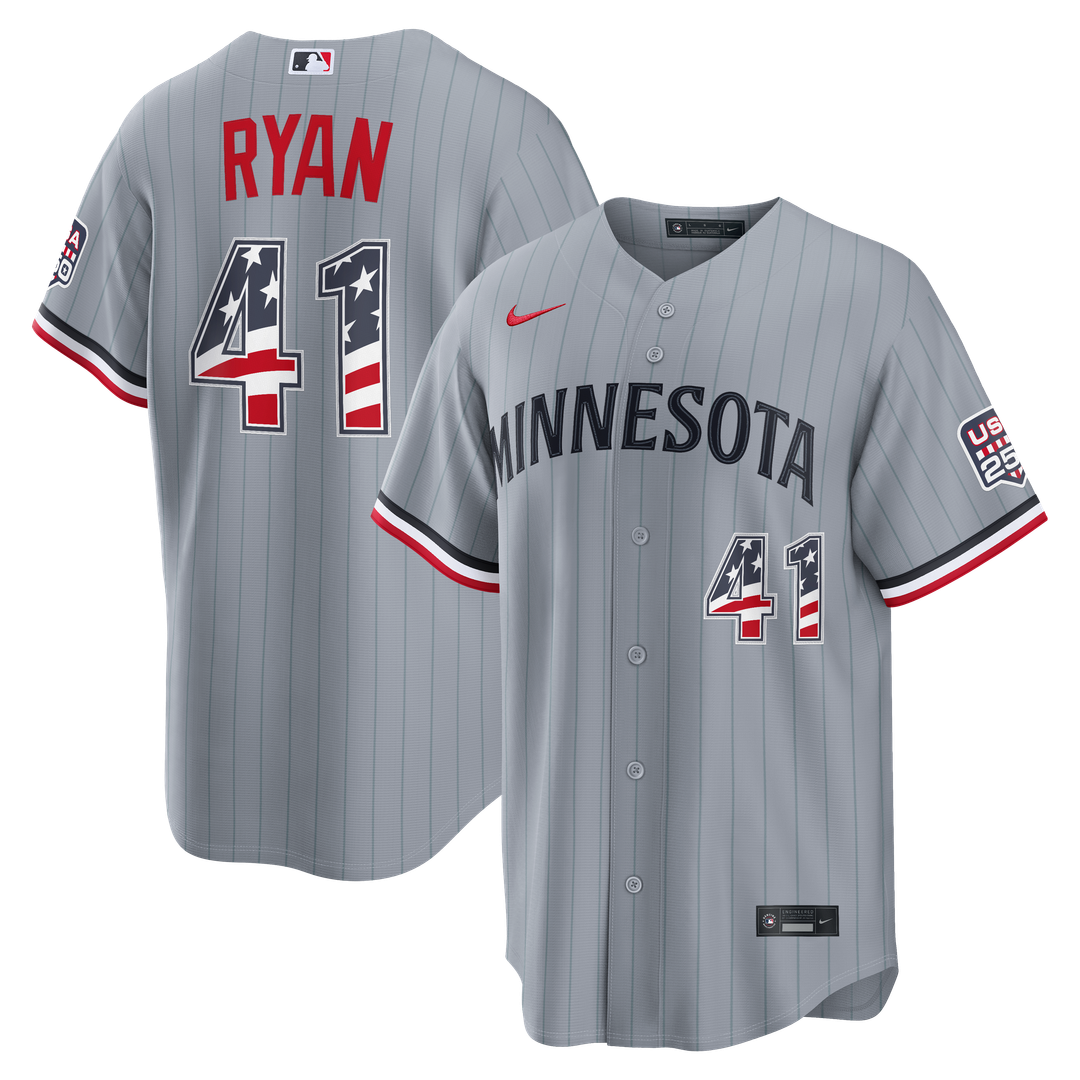 Fourth of July Minnesota Twins Joe Ryan Nike Gray USA 250 Stadium Jersey product image 1, provided for visual reference and