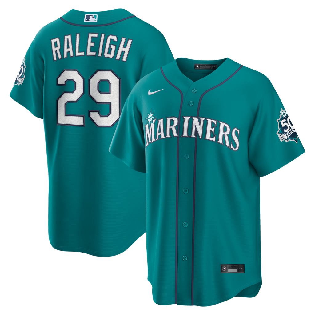 Seattle Mariners Cal Raleigh Nike Teal Alternate 50th Season Patch Stadium Jersey product image 1, provided for visual