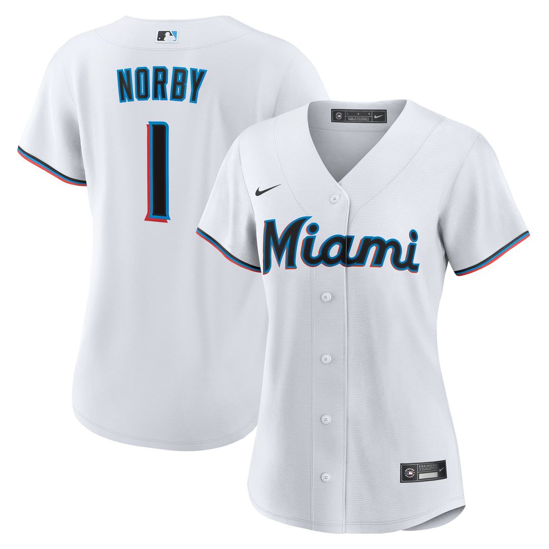 Miami Marlins Connor Norby Nike White Home Replica Jersey for Women product image 1, provided for visual reference and