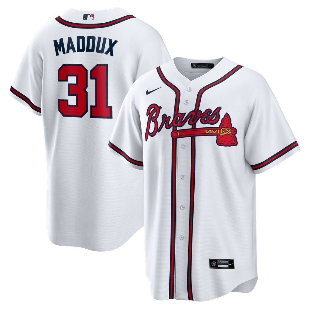 Atlanta Braves Greg Maddux Nike White Home Retired Player Replica Jersey product image 1, provided for visual reference and