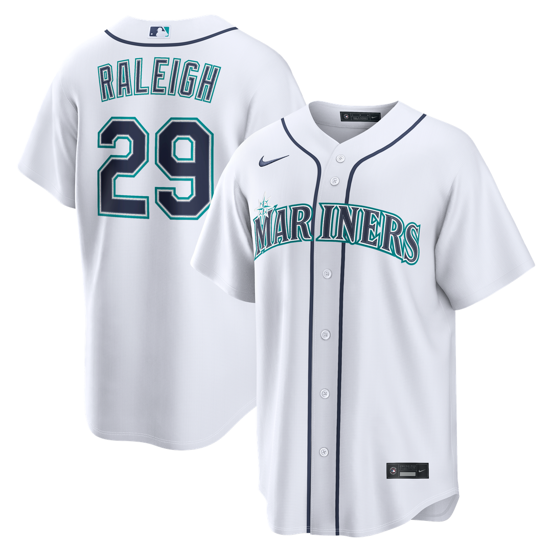 Seattle Mariners Cal Raleigh Nike White Home Replica Jersey product image 1, provided for visual reference and product